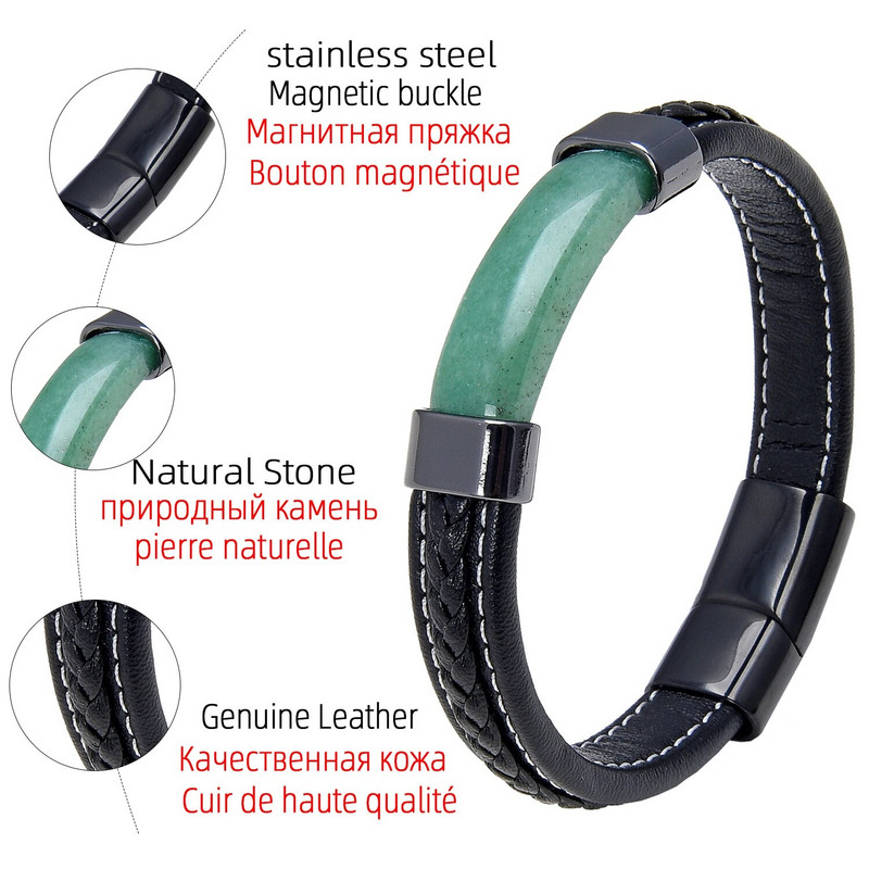 Luksuzna muška crna pletena kožna narukvica od prirodnog kamena, magnetska kopča od nehrđajućeg čelika, trendi narukvica s privjeskom Homme Jewelry