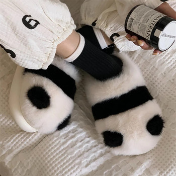 Зимни дамски чехли със сладка панда Топли плоски домашни чехли с пухкава козина Анимационни затворени пързалки Дебела подметка Меки облачни памучни обувки