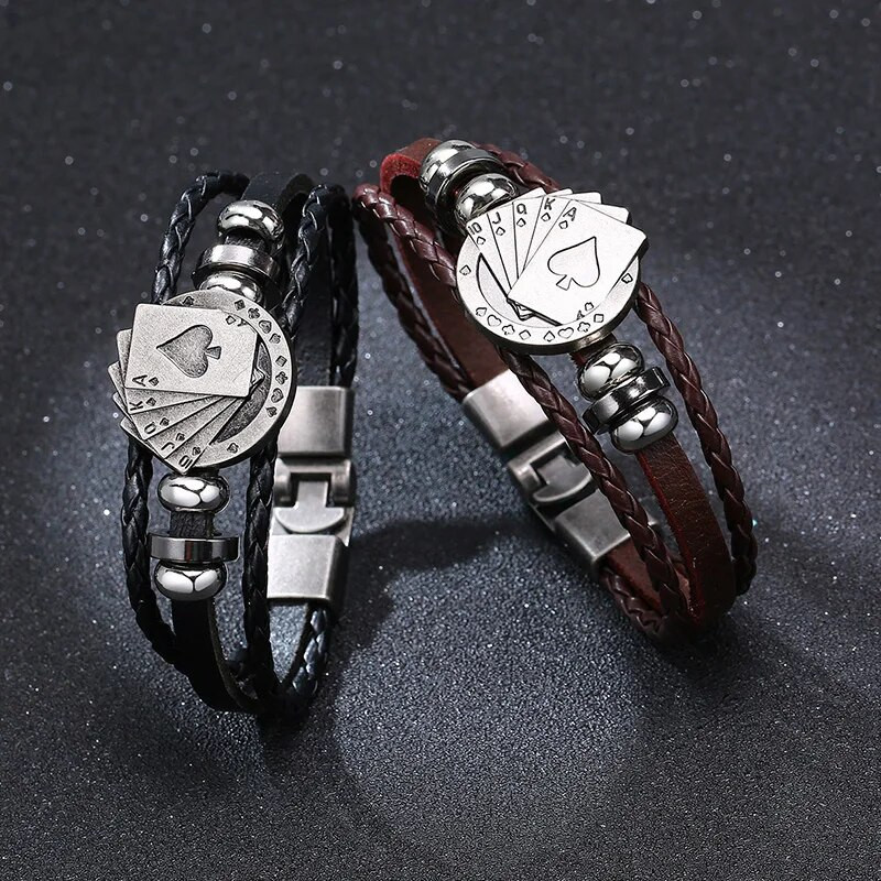 PÓKER BARNA BŐR mandzsetta karkötő FÉRFI TÖBBRÉTEGŰ KAPCSOLÓ KARSZÁT BARÁTSÁG VINTAGE BIKER KÁRTYA PÓKER BANGLE FÉRFI ÉKSZER