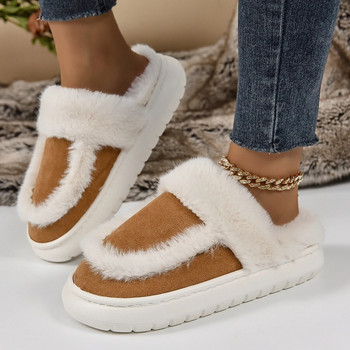 Дизайн на марка Луксозни зимни кожени чехли Дамски топли плюшени чехли на открито Дамски удобни домашни обувки, които не се плъзгат, голям размер 45