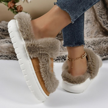 Дизайн на марка Луксозни зимни кожени чехли Дамски топли плюшени чехли на открито Дамски удобни домашни обувки, които не се плъзгат, голям размер 45