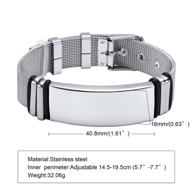 Brățări personalizate gratuit Vnox pentru bărbați, brățară din oțel inoxidabil de 16 mm cu banda de ceas din plasă reglabilă, brățară casual Cool Boy