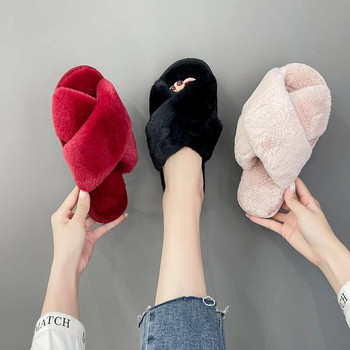 Παντόφλες για το σπίτι Χειμερινές γυναικείες μόδα από ψεύτικη γούνα Ζεστά παπούτσια Γυναικεία slip on flats Γυναικείες διαφάνειες Μαύρες ροζ ζεστές γούνινες παντόφλες για το σπίτι
