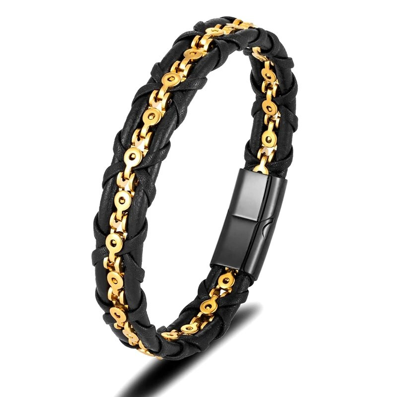 MKENDN Locomotive vyrų pankrokas dviračių grandinėlė titano nerūdijančio plieno magnetinė sagtis rankų darbo odinė pynimo apyrankė Pulseras