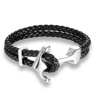 MKENDN Fashion din oțel inoxidabil Charm Anchor Negru Brățară pentru bărbați din piele autentică împletită Punk Rock Brățări Accesorii de bijuterii
