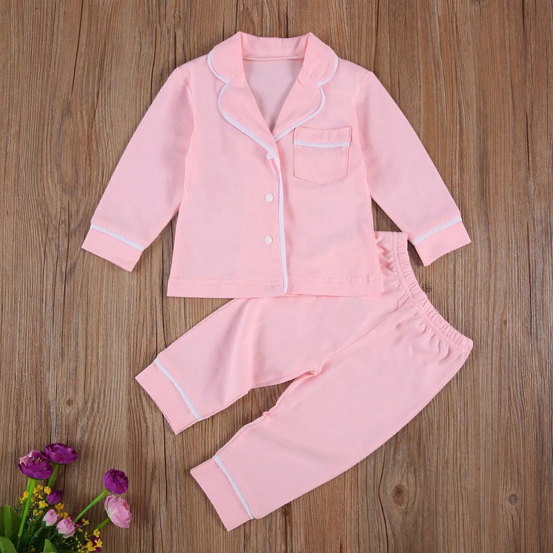 2 vnt kūdikių vaikiškų mergaičių berniukų pižamų rinkiniai ilgomis rankovėmis atvartomis sagomis marškiniai viršus + kelnaitės medvilniniai laisvalaikio vaikiški miegui skirti naktiniai drabužiai