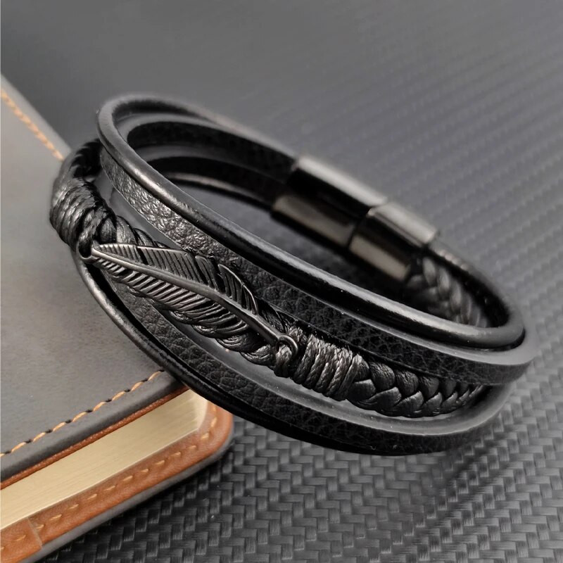 Mitmekihilisest nahast kombineeritud vahtralehtede aksessuaarid Lihtne stiil meeste roostevabast terasest nahast käevõru Klassikaline kingitus suur allahindlus