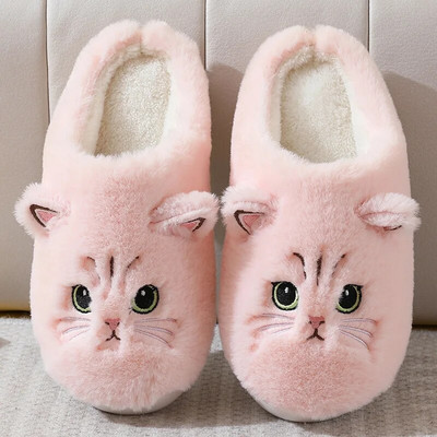 Нови зимни дамски прекрасни котешки плюшени чехли Топли обувки Пързалки Сладка анимационна котка Пухкави чехли Мъжки меки обувки Домашни памучни обувки