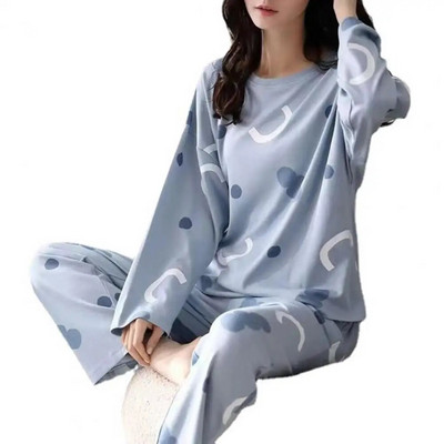 Set de 2 bucăți/set de pijamale pentru femei, cu decolteu O, cu mânecă lungă, set de îmbrăcăminte de casă pentru fete, cu imprimeu de desene animate, bluză pentru femei, set de pantaloni lungi