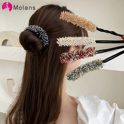 Molans Pearl Hairpin Bun Šukuosena Plaukų lazdelė Moteriški Elegantiški Plaukai Scrunchies Kalnų krištolas gėlių plaukų gaminimo įrankiai Plaukų aksesuarai