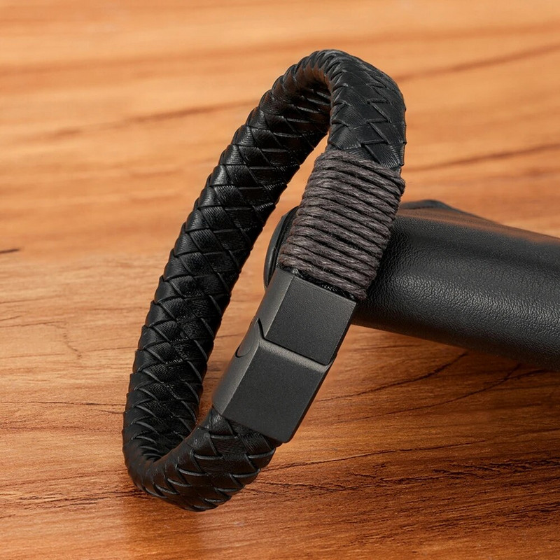 XQNI kézzel készített kötéltekercselő rozsdamentes acél férfi bőr karkötő Több méretű többszínű választék férfi klasszikus egyedi barkács méret