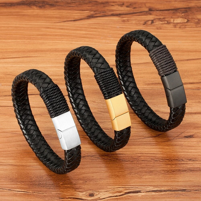 XQNI kézzel készített kötéltekercselő rozsdamentes acél férfi bőr karkötő Több méretű többszínű választék férfi klasszikus egyedi barkács méret
