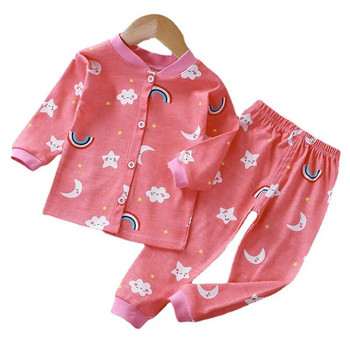 2023 Нова детска жилетка Версия на пижами Момчета Чист памук с дълги ръкави Момичета Бебешки връхни дрехи Едноредно закопчаване комплект домашни дрехи