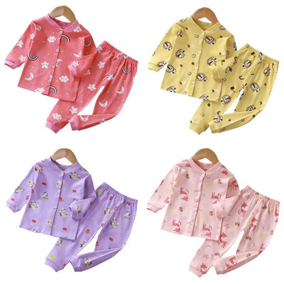 2023 New Children Cardigan Pajamas Version Boys Pure Cotton Long-Sleeved Girls Baby Outerwear Single-breasted Home Clothes Set