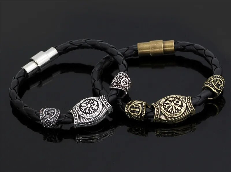 MKENDN Vintage muške perle s vikinškim runama Mjolnir kožna narukvica Narukvica Nakit s amuletima iz nordijske mitologije s runama