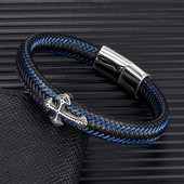 MKENDN Klasična muška retro križna narukvica s plavim pletenim kožnim užetom Narukvice s crnom magnetskom kopčom Punk narukvica Pulsera Hombre