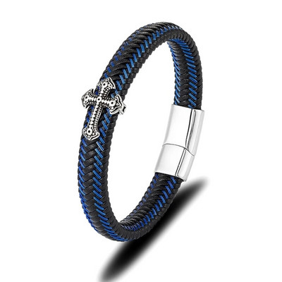 MKENDN Klasična muška retro križna narukvica s plavim pletenim kožnim užetom Narukvice s crnom magnetskom kopčom Punk narukvica Pulsera Hombre