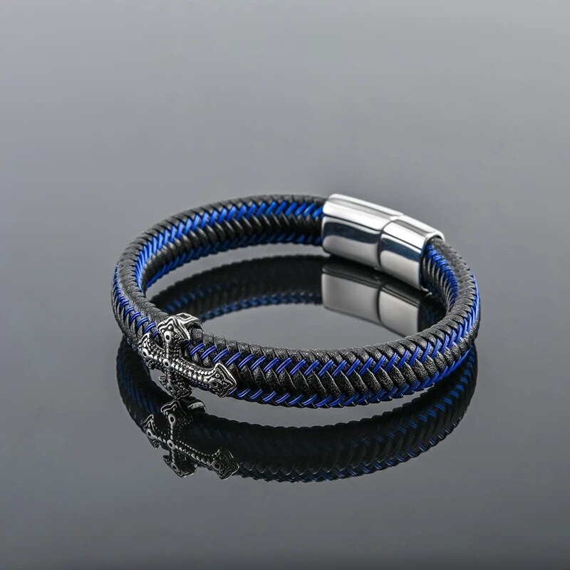 MKENDN Klasična muška retro križna narukvica s plavim pletenim kožnim užetom Narukvice s crnom magnetskom kopčom Punk narukvica Pulsera Hombre