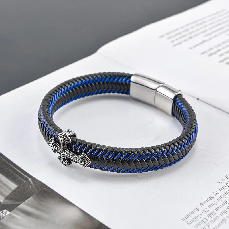 MKENDN Klasična muška retro križna narukvica s plavim pletenim kožnim užetom Narukvice s crnom magnetskom kopčom Punk narukvica Pulsera Hombre