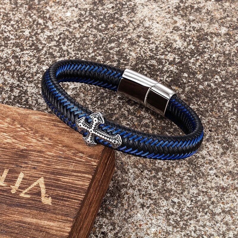 MKENDN Klasična muška retro križna narukvica s plavim pletenim kožnim užetom Narukvice s crnom magnetskom kopčom Punk narukvica Pulsera Hombre