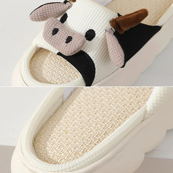 Забавни чехли от крава Kawaii Four Seasons Универсални ленени чехли за спалня за вътрешен дом Двойка Чехли от анимационно мляко от крава Памучно бельо