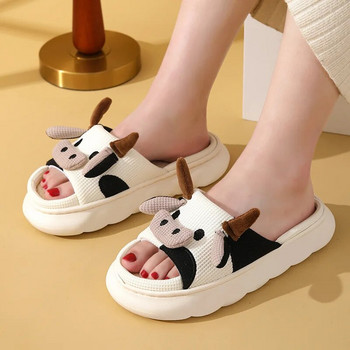 Забавни чехли от крава Kawaii Four Seasons Универсални ленени чехли за спалня за вътрешен дом Двойка Чехли от анимационно мляко от крава Памучно бельо