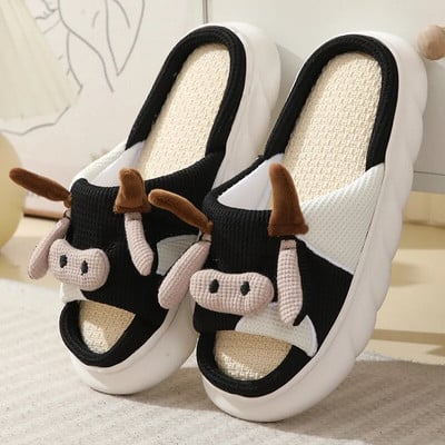 Funny Kawaii Cow Slippers Four Seasons Universal Indoor Home Bedroom Couple Linen Slippers Cartoon Milk Cow Cotton Linen Shoes