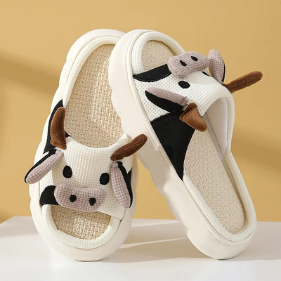 Papuci amuzanți de vaca Kawaii Patru anotimpuri, universali, pentru interior, acasă, dormitor, cuplu, papuci de in, pantofi de in din bumbac de vaca cu lapte de desene animate