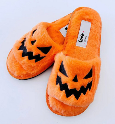 2023 Halloween Pumpkin Lantern Slippers Autumn Soft Furry Comfort Closed Toe Slides Women Size 43 Outdoor Slippers Zapatos Mujer