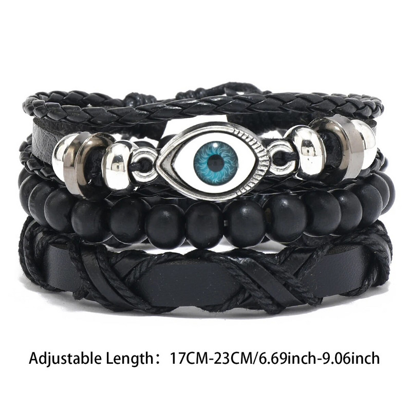 Bőr karkötő férfi Devil Eye PU fekete bőr karkötő fa gyöngyök többrétegű szőtt karkötő húzózsinór karkötő ékszer férfi