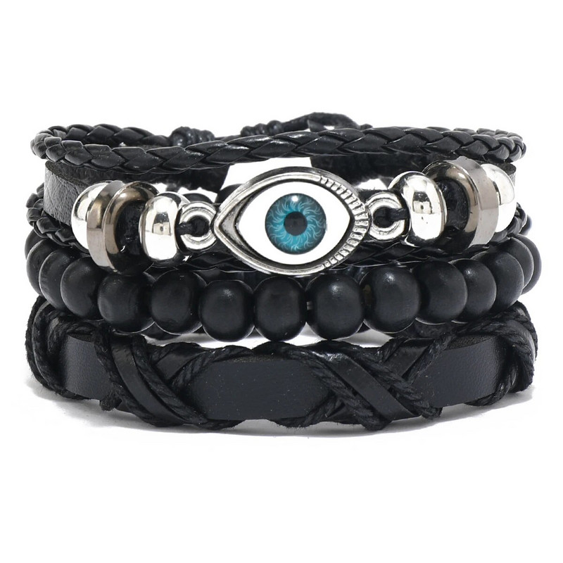 Bőr karkötő férfi Devil Eye PU fekete bőr karkötő fa gyöngyök többrétegű szőtt karkötő húzózsinór karkötő ékszer férfi