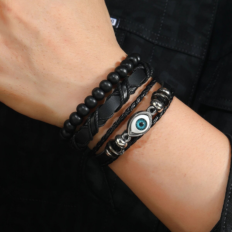 Bőr karkötő férfi Devil Eye PU fekete bőr karkötő fa gyöngyök többrétegű szőtt karkötő húzózsinór karkötő ékszer férfi
