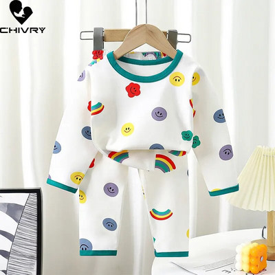 New Kids Boys Girls Cotton Pajamas Cute Cartoon Long Sleeve O-neck T-Shirt Tops with Pants Baby Autumn Sleeping Clothing Sets