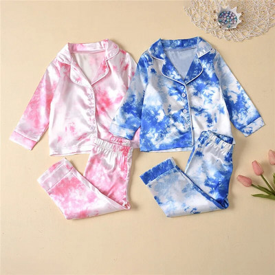 Childrens Kids Pyjamas Silk Satin Tie Dye Print Button Tops Pants Autumn Long Sleeve Sleepwear Nightwear Girls Boys Pajama Sets
