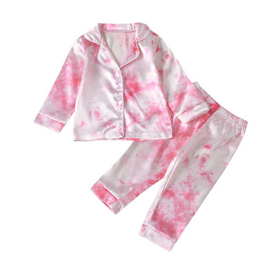 Pijamale pentru copii din satin de mătase Tie Dye Imprimat cu nasturi Topuri Pantaloni Toamnă cu mânecă lungă Lenjerie de noapte Lenjerie de noapte Fete Băieți Seturi de pijamale