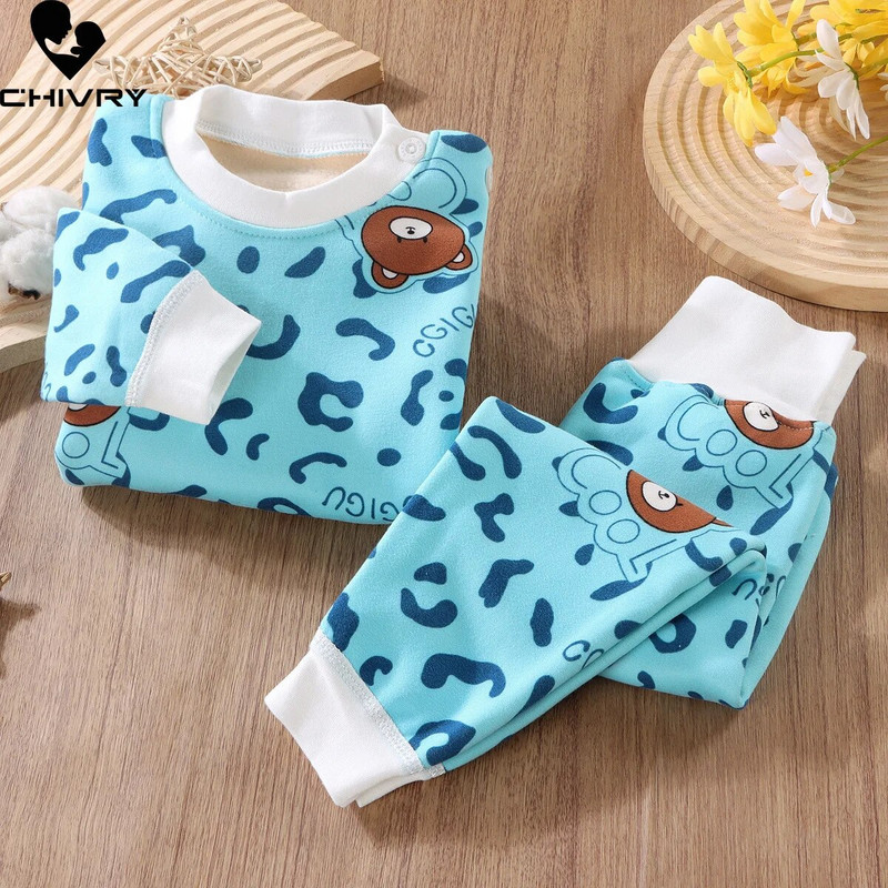 Nauji 2023 m. rudens žiemos vaikų pižamos kūdikiams berniukams mergaičių animacinių filmų stori šilti aukšto juosmens drabužių rinkiniai naujagimių pižamos miegui