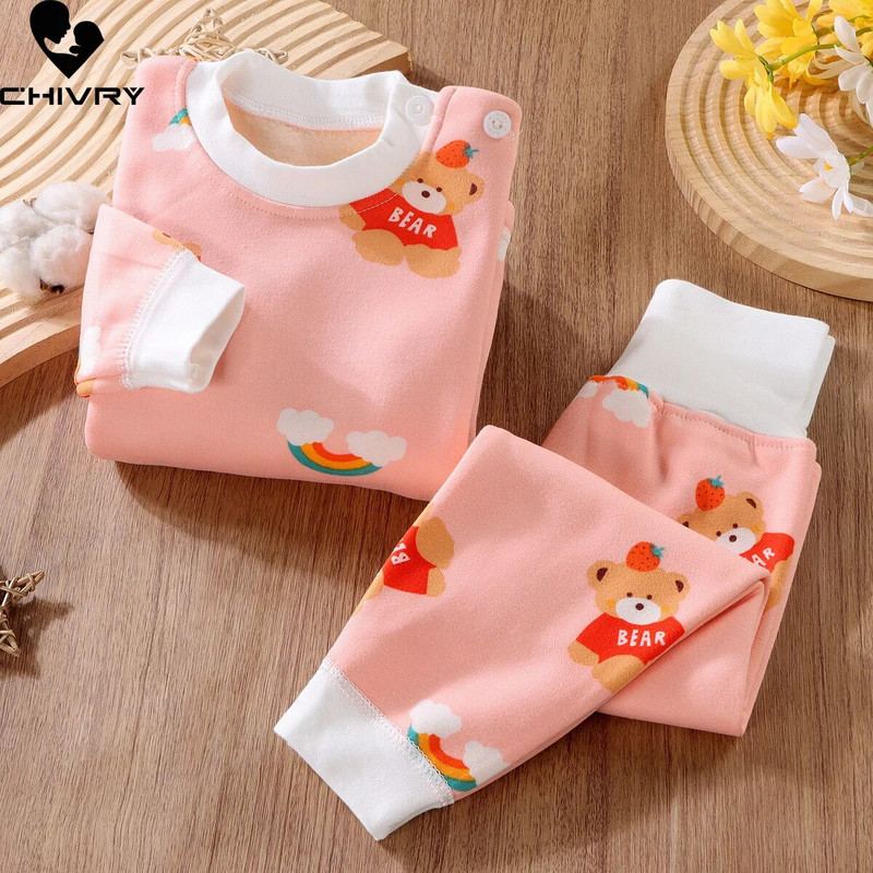 Nauji 2023 m. rudens žiemos vaikų pižamos kūdikiams berniukams mergaičių animacinių filmų stori šilti aukšto juosmens drabužių rinkiniai naujagimių pižamos miegui