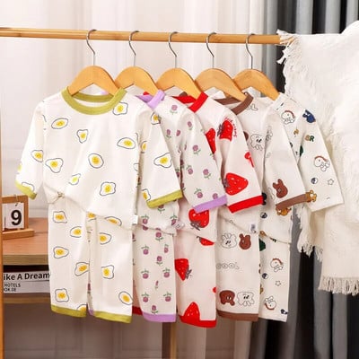2 τμχ Βρεφικά αγόρια Κοριτσίστικα Σετ Σετ καλοκαιρινές πιτζάμες Μόδα κοντομάνικα παιδικά μπλουζάκια + σορτς ραφές έγχρωμο κοστούμι ρούχων