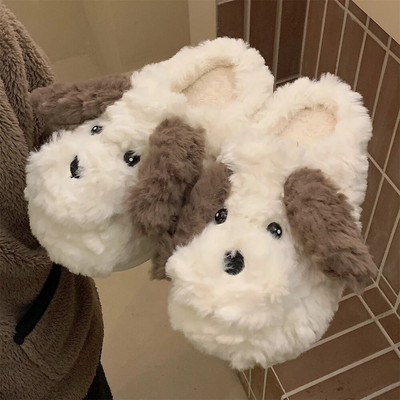 New 2022 Winter Girls` Indoor Home Warm Women Cotton Slippers Cartoon Cute Dog Soft Sole Plush Indoor Home Couple Slippers