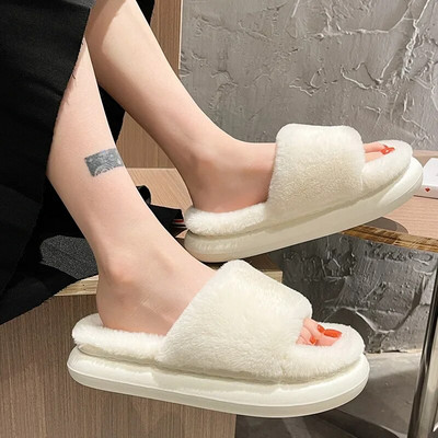 2022 Winter Women`s Slippers Thick-bottomed Fur Furry Slides for Home Soft Platform Indoor House Warm lady Cotton Shoes