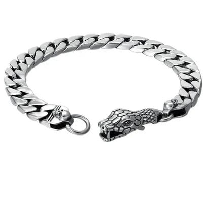 Posrebrena lubanja, glava zmije, kubanski lanac, muška narukvica, modni manžetni nakit, punk amulet, narukvica