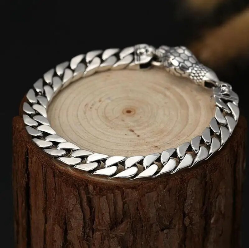 Posrebrena lubanja, glava zmije, kubanski lanac, muška narukvica, modni manžetni nakit, punk amulet, narukvica