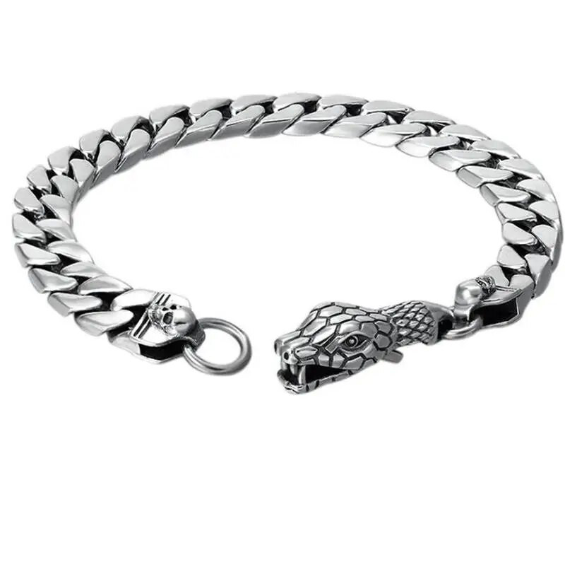 Posrebrena lubanja, glava zmije, kubanski lanac, muška narukvica, modni manžetni nakit, punk amulet, narukvica