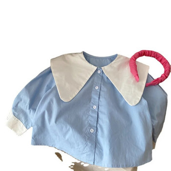 Тениска Пролет 2023 г. Нова корейска контрастна поло риза за момичета Бебешко детско облекло Детска академия Корейско горнище с дълъг ръкав