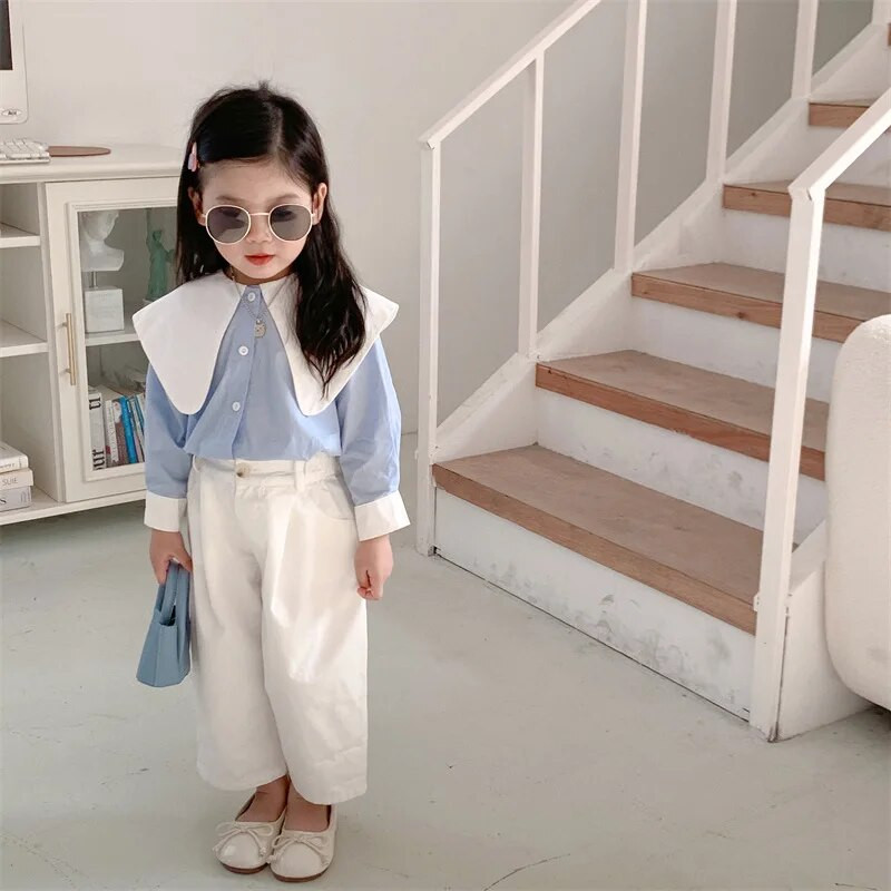 Tricou primăvară 2023 nou pentru fete coreene Tricou polo cu contrast pentru bebeluși Îmbrăcăminte pentru copii Tricou pentru copii din Academia coreeană cu mânecă lungă