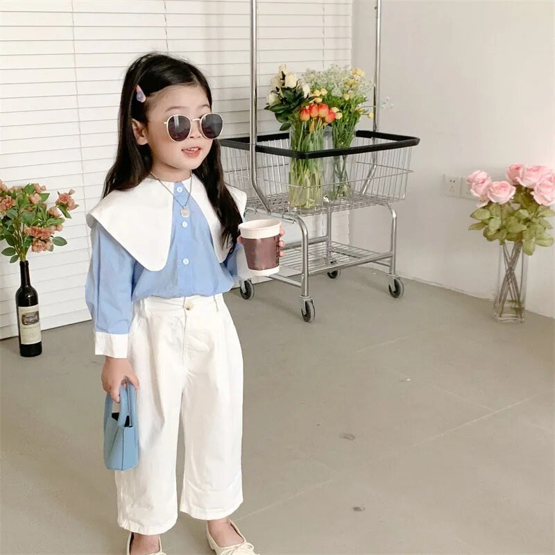 Tricou primăvară 2023 nou pentru fete coreene Tricou polo cu contrast pentru bebeluși Îmbrăcăminte pentru copii Tricou pentru copii din Academia coreeană cu mânecă lungă