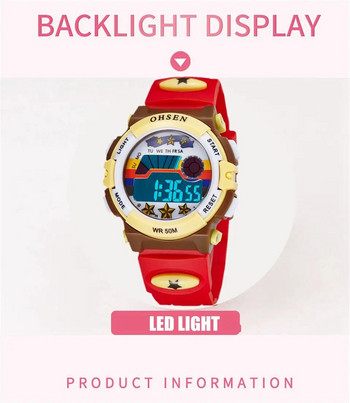 OHSEN Детски спортни часовници 50M Водоустойчив червен анимационен цифров ръчен часовник Хронометър Електронен LED детски часовник за момчета и момичета