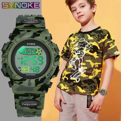 SYNOKE Sports Military Kids Ψηφιακά Ρολόγια Μαθητικό Παιδικό ρολόι Μόδα Φωτεινό Led Ξυπνητήρι Καμουφλάζ Πράσινο Ρολόι Αγόρι