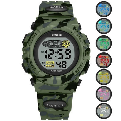 SYNOKE Sport Militar Ceasuri Digitale Copii Ceas Student Copii Moda Luminos Led Alarma Camuflaj Ceas Verde Baiat