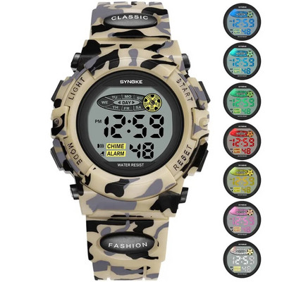 SYNOKE Sport Militar Ceasuri Digitale Copii Ceas Student Copii Moda Luminos Led Alarma Camuflaj Ceas Verde Baiat